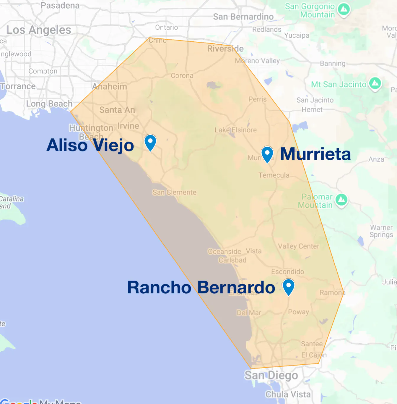 Map of the All Star Plumbing service area across San Diego, Orange and Riverside counties with the Rancho Bernardo, Aliso Viejo and Murrieta offices marked