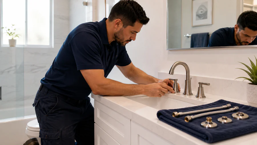 Plumber installing a new bathroom faucet