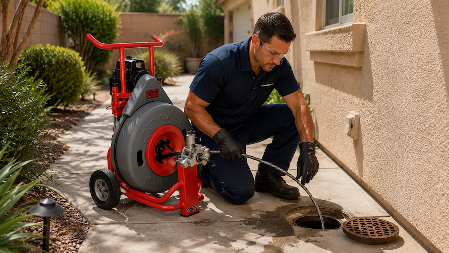 Plumber clearing a drain with a drum machine