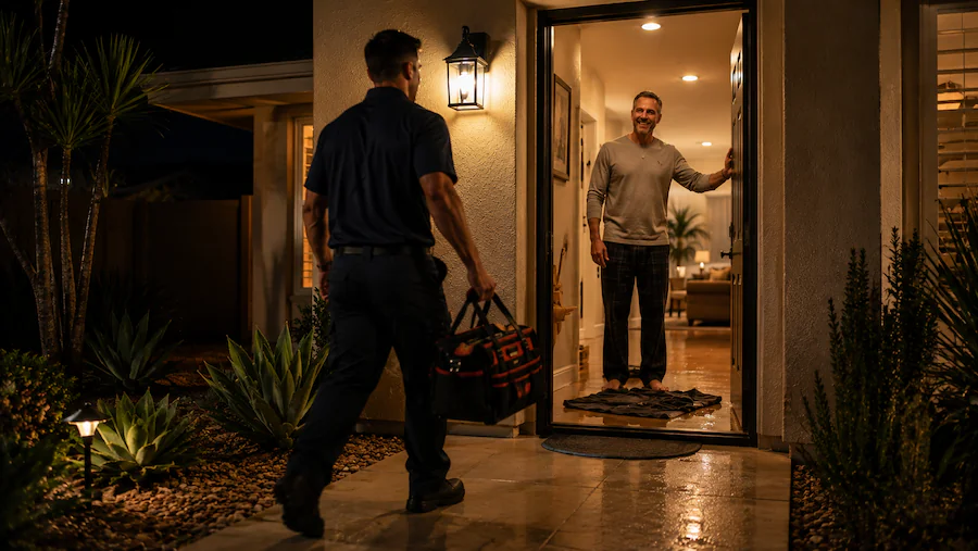 Plumber arriving at a flooded home at night