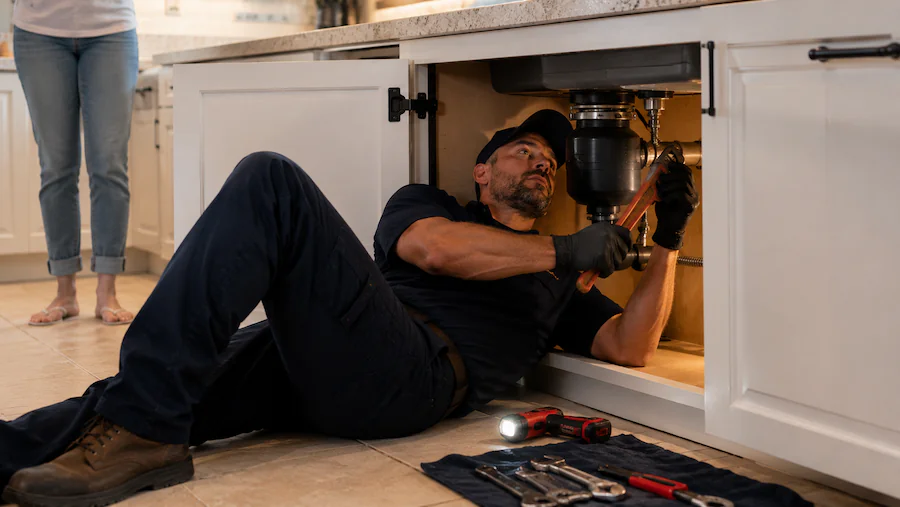 Plumber repairing a garbage disposal under a kitchen sink