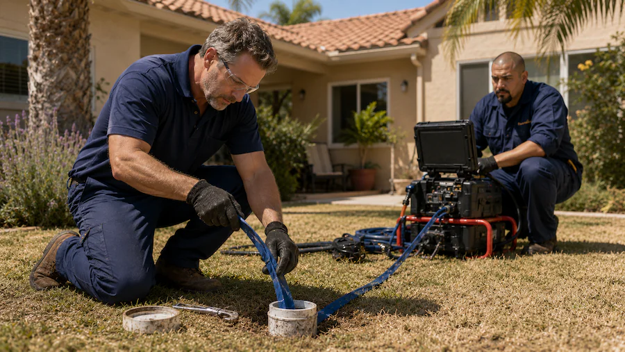 Technicians inspecting a sewer line with camera equipment