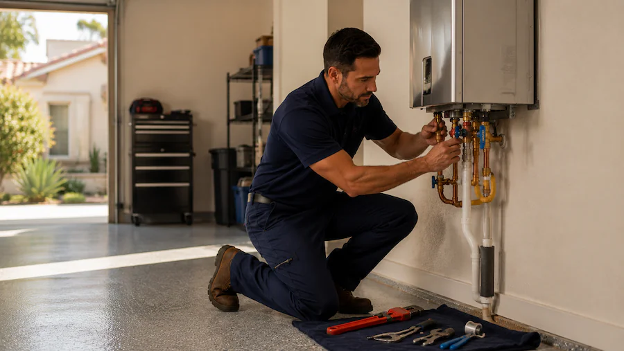 Technician servicing a tankless water heater