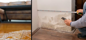 An expert inspecting water damage on wall and floor