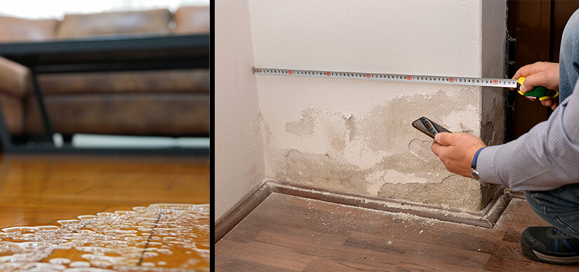 An expert inspecting water damage on wall and floor