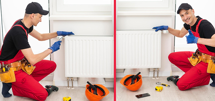 A plumber inspecting a water heater for repairs in San Diego.