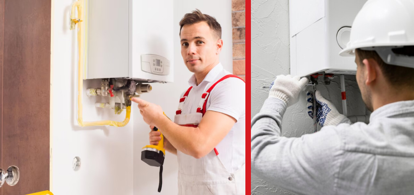 Technician inspecting a tankless water heater for maintenance.